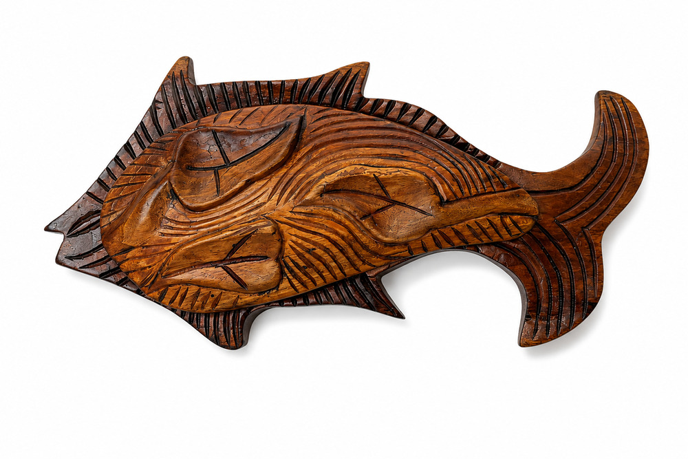 Vintage Hand Carved Wooden Fish Dish Box Removable Lid Nautical Coastal Décor'